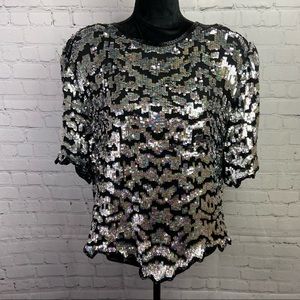 Vintage Laurence Kazar Black Sequin Short Sleeve Top